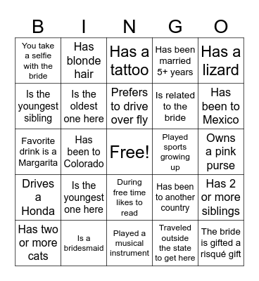 Bridal Bingo Card