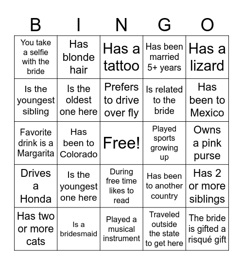 Bridal Bingo Card