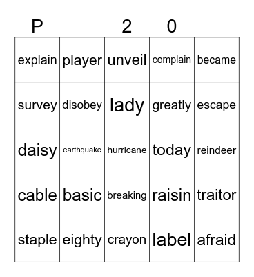 P 20 Bingo Card