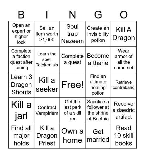 SKYRIM ROGUE LIKE BINGO Card