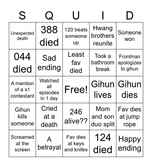 SQUIDDY s3 Bingo Card