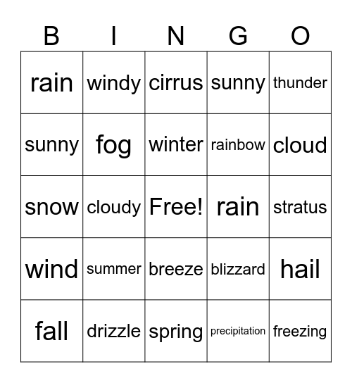 Weather Wonders Bingo Card