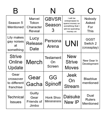 Arcsys Showcase Bingo Card
