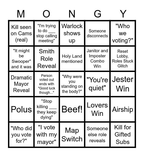 Mongy Monday Bingo Card