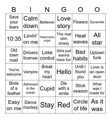 Song bingo! Bingo Card