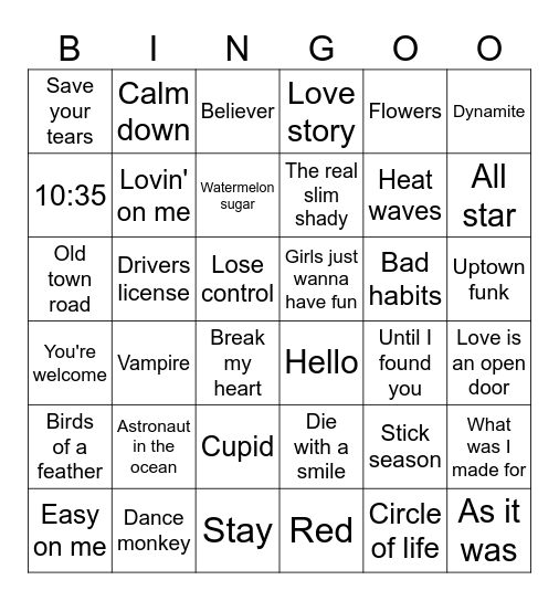 Song bingo! Bingo Card