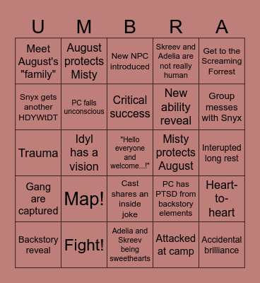 Age of Umbra: Episode 5 (AUx05) Bingo Card