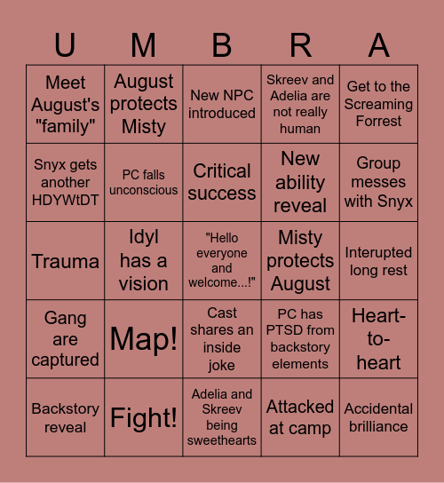 Age of Umbra: Episode 5 (AUx05) Bingo Card