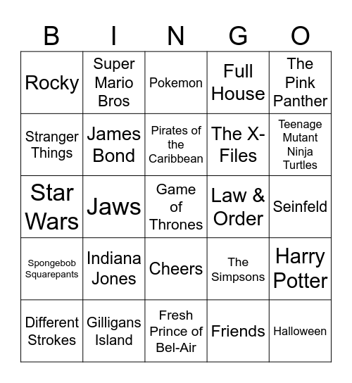 Theme Song Bingo Card