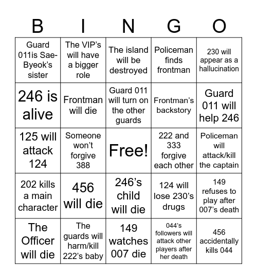 Squid Game S3 Predictions Bingo Card