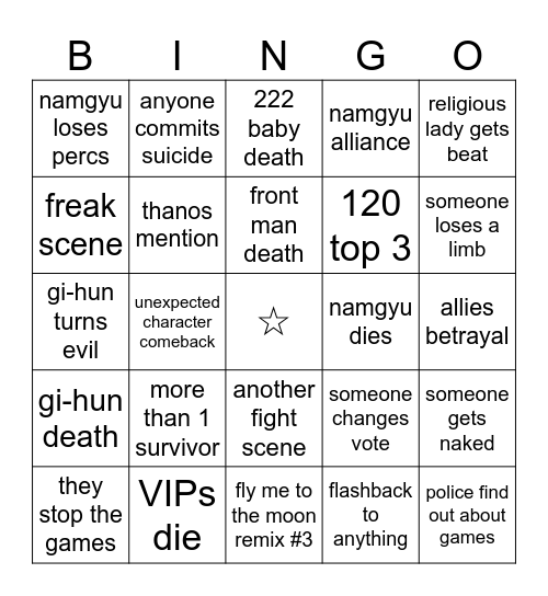 Squid Game S3 Bingo Card