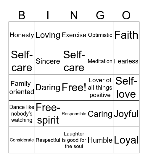 Personal Values Bingo Card