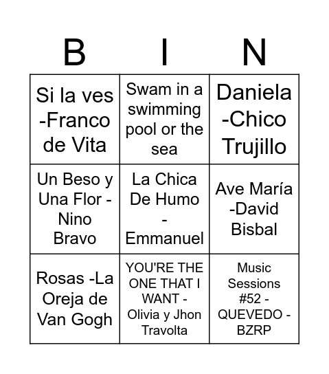 Vacation Bingo Card