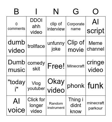 Youtube shorts bingo Card