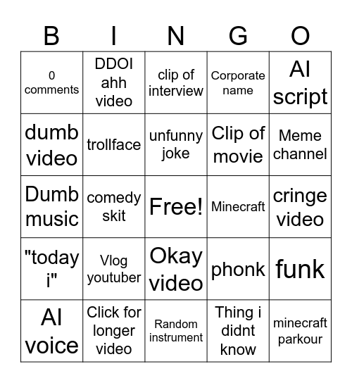 Youtube shorts bingo Card