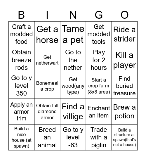 Easy Difficulty Bingo Card