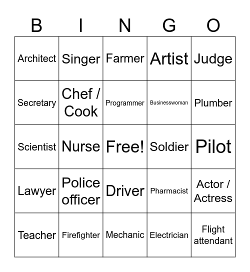 Occupations Bingo Card