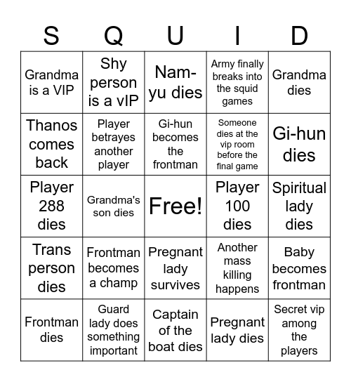 Squid games Bingo Card
