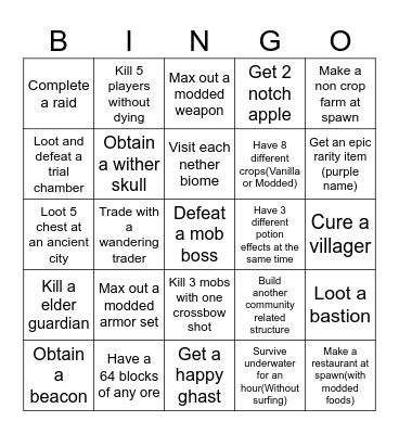 Normal dificulty Bingo Card