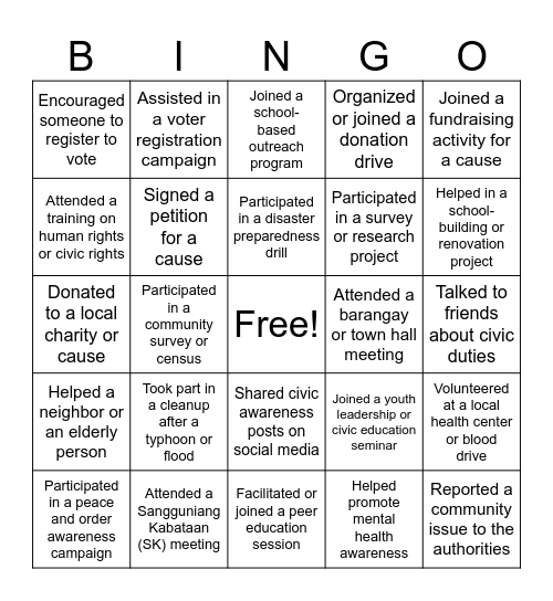 YOUTH Bingo Card