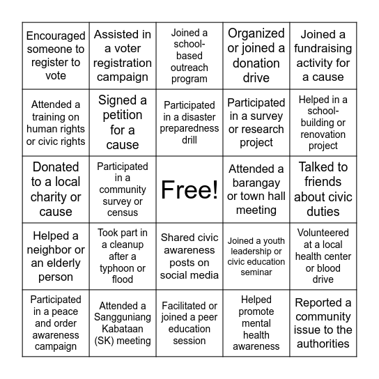 YOUTH Bingo Card