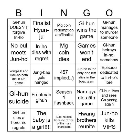Squid game 3 predictions Bingo Card