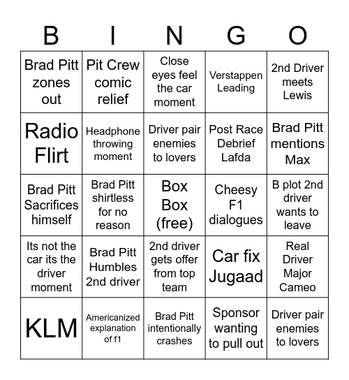 F1 Movie Bingo Card