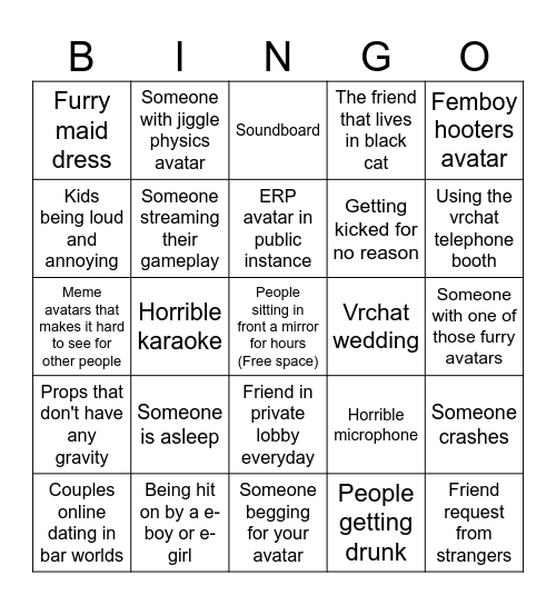 Vrchat bingo Card
