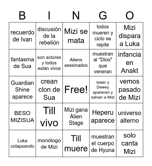 Alien Stage Bingo Card