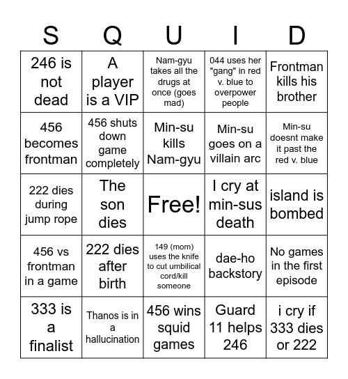 Squid Games Season 3 Bingo Card