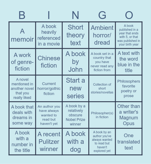 Reading Slump Bingo Card
