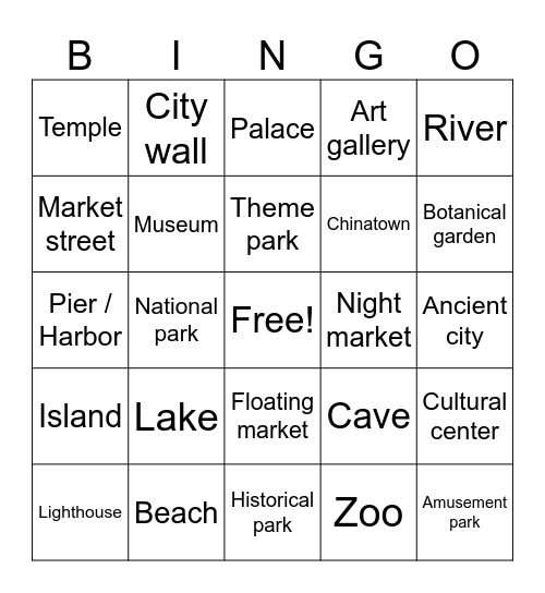 Tourist Attractions Bingo Card