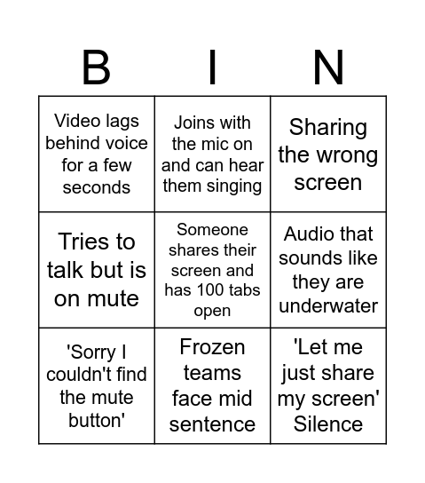 Virtual Meeting Fails Bingo Card