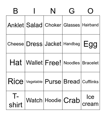 food cloth accessory Bingo Card