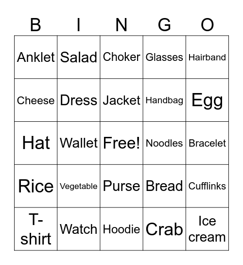food cloth accessory Bingo Card