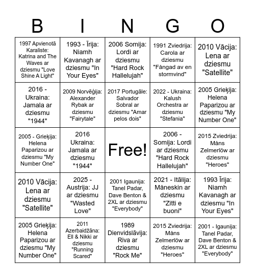 Eurovision Bingo 1985-2025 Bingo Card