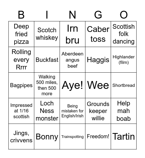 Scottish Bingo Card
