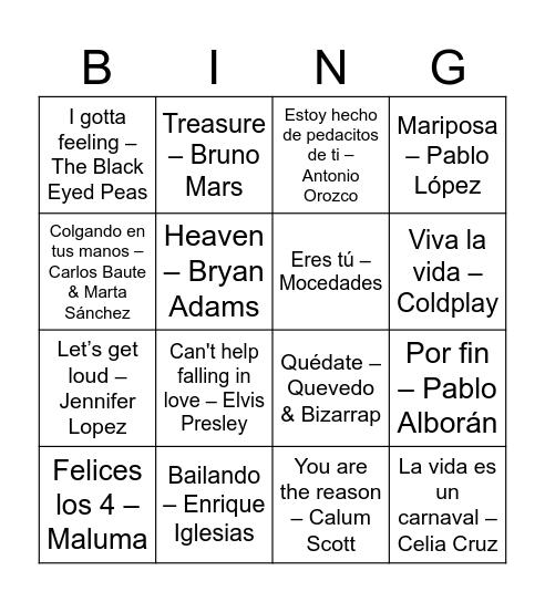 Bingo Musical Bingo Card