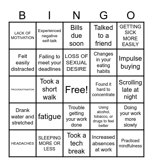 STRESS BUSTER BINGO Card