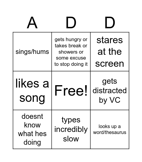 Jacob and his ADHD Bingo Card