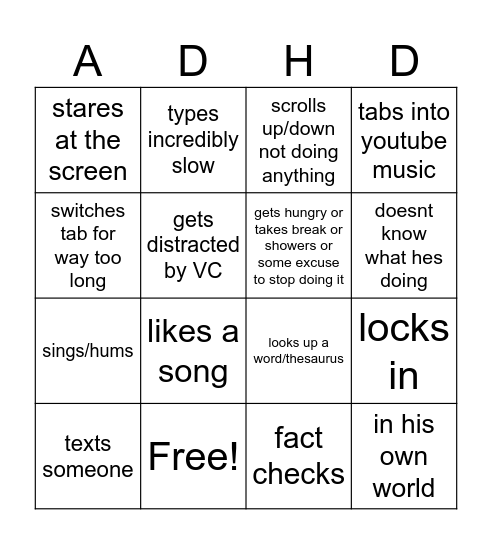 JACOB AND HIS ADHD Bingo Card