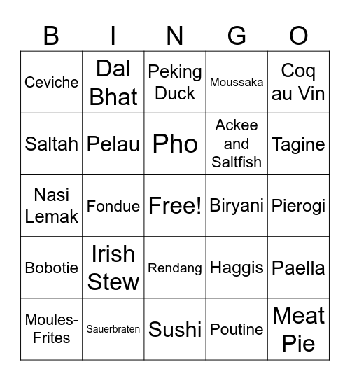 World Food Bingo Card