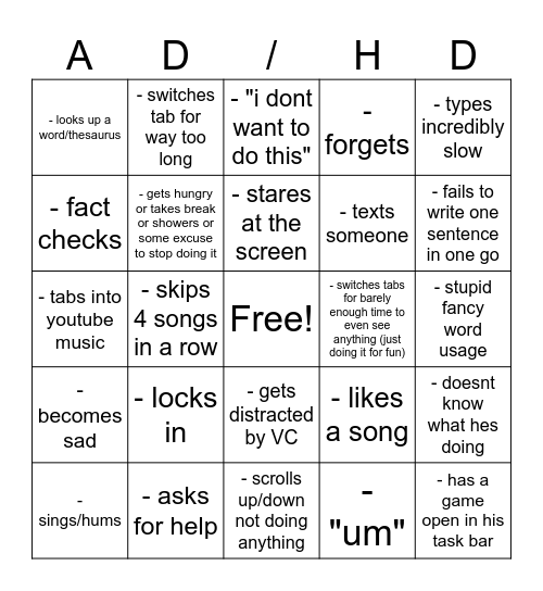 JACOB AND HIS ADHD Bingo Card