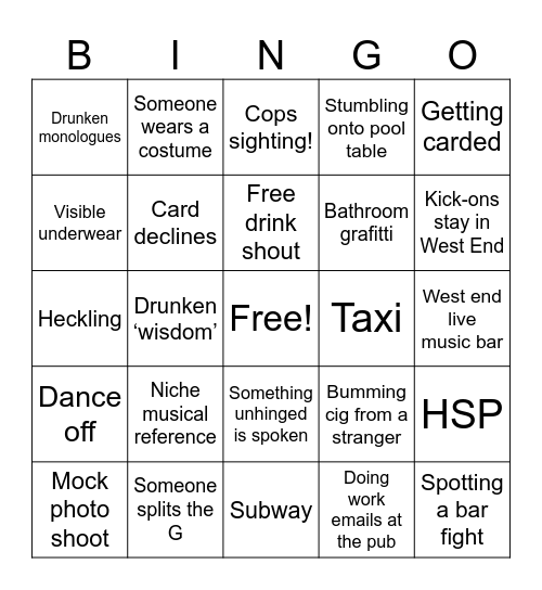 UTC BAR CRAWL 2025 DRAFT Bingo Card