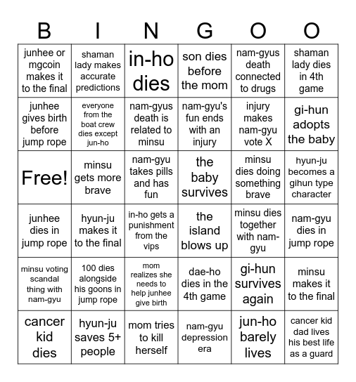 Squid Game S3 bingo Card