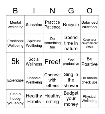 Wellbeing Bingo Card