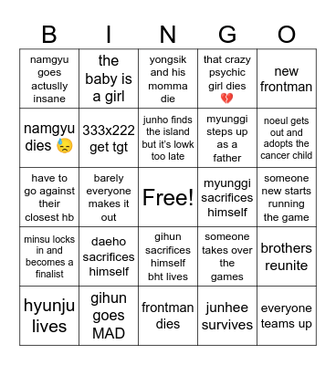Squid Games S3 Bingo Card