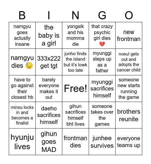 Squid Games S3 Bingo Card