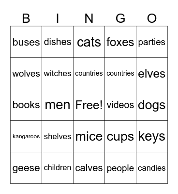 Plural Nouns Bingo Card