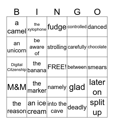 English Grammar Bingo Card